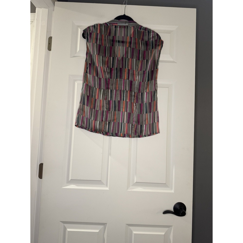 Outback Red Cap Sleeve Button Up Top XS Gray Pink Green Salmon Stripe